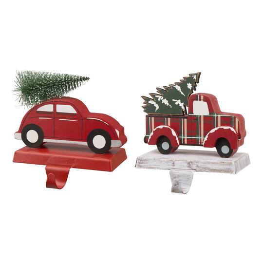 Glitzhome&#xAE; Wooden &#x26; Metal Red Car &#x26; Truck Stocking Holder Set